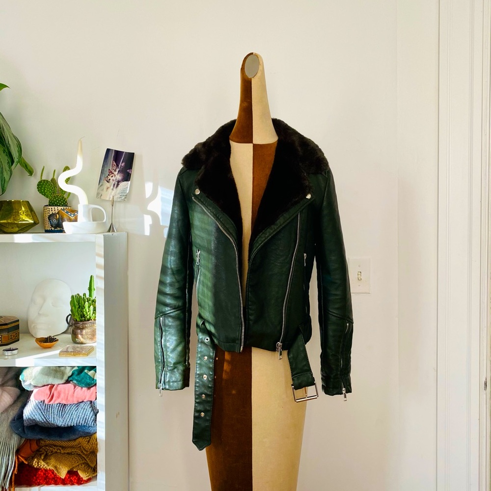 Green Leather Jacket w/ Faux Fur Collar